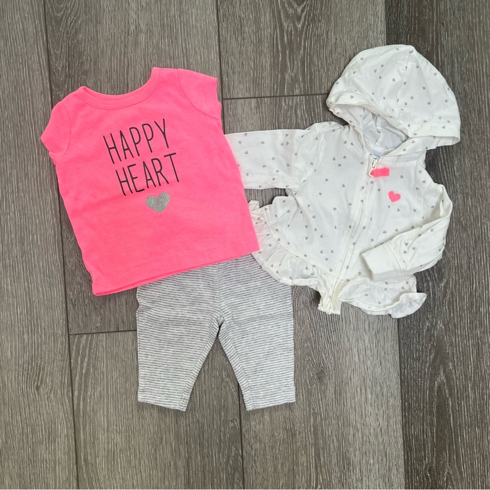 CARTERS 3PC SHORT SLEEVE SHIRT ZIP UP SWEATSHIRT PANTS OUTFIT 3MO
